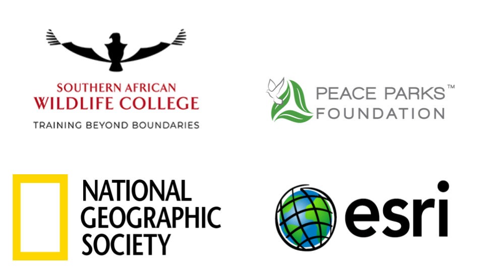 Logos of Protected Area Management partners: the Southern African Wildlife College, Peace Parks Foundation, National Geographic Society, and Esri