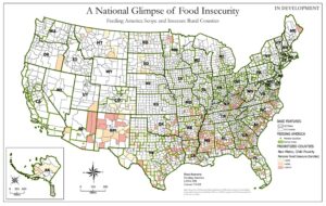 Map of the USA showing food insecurity by county.